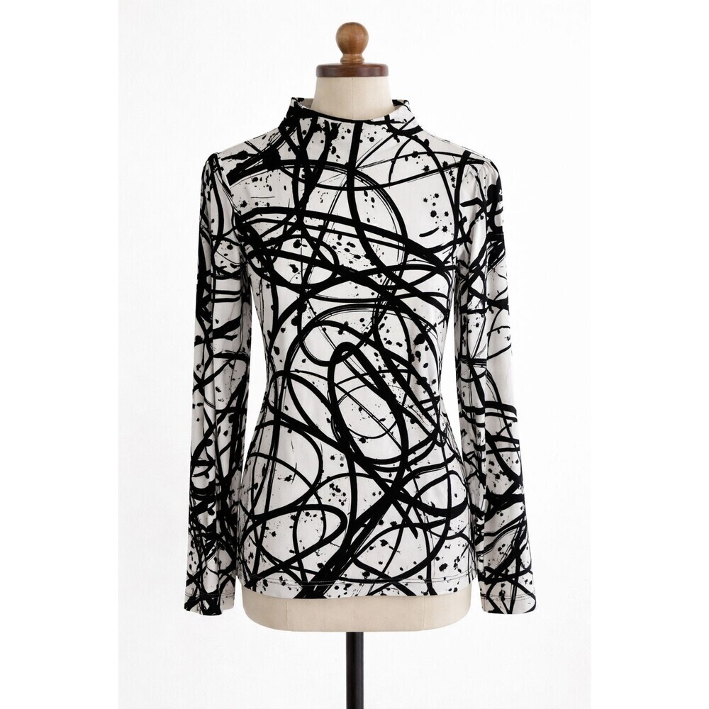 Halston Tunic Top Size Medium Black White Print Jersey Knit Long Sleeve Mock